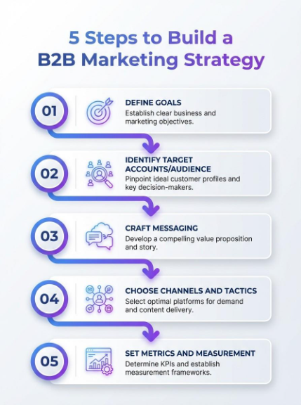 Infographic: 5 steps to build a B2B marketing strategy, highlighting b2b marketing strategies for planning and execution.